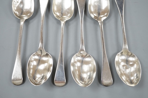 A set of six William IV provincial silver Old English pattern dessert spoons, Whitwell, Barber & North, York, 1832, 7oz.